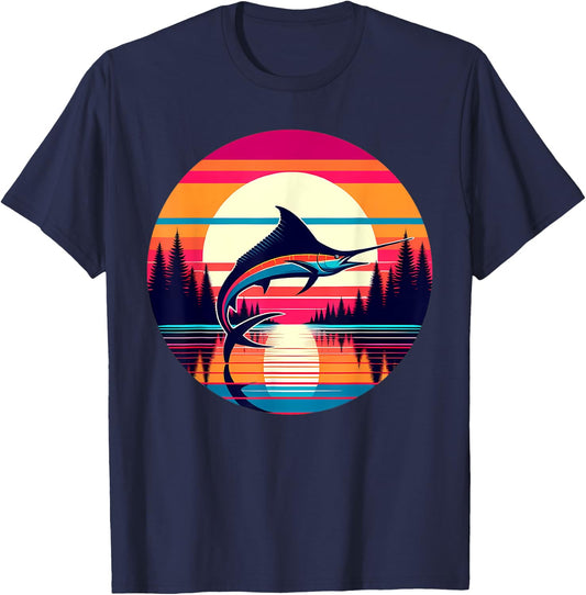 Marlin Fishing Sunset Retro Style Vintage 80s 70s Birthday T-Shirt - T-Shirt | Navy