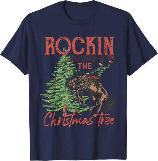 Funny Country Western Xmas Rockin Around The Christmas Tree T-Shirt - T-Shirt | Navy