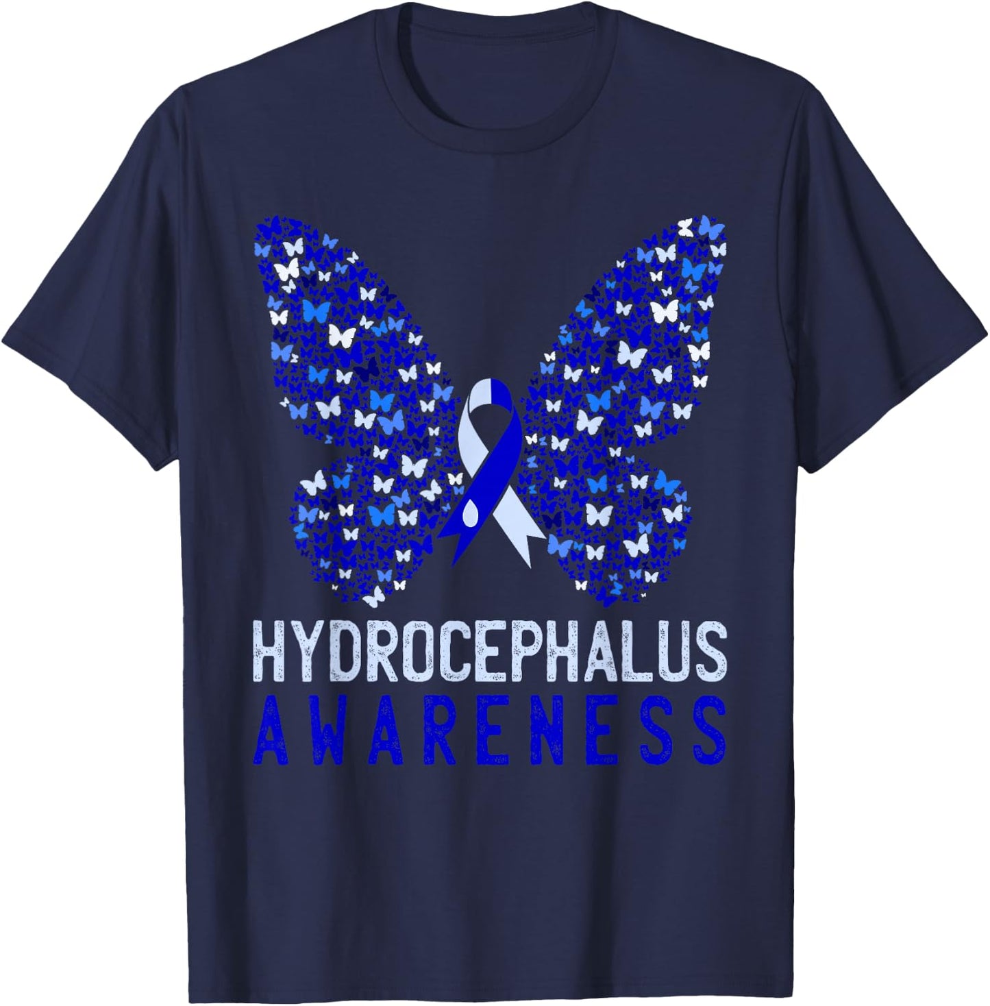 Butterfly Hydrocephalus Awareness Month Blue Ribbon Support T-Shirt - T-Shirt | Navy