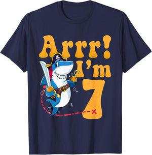 Kids 7th Shark Pirate Birthday Party 7 Seven Years Old Boys T-Shirt - T-Shirt | Navy