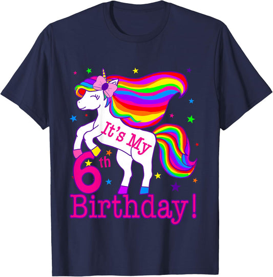 Its My 6th Birthday Rainbow Star Unicorn (6 Year Old) Girls T-Shirt - T-Shirt | Navy
