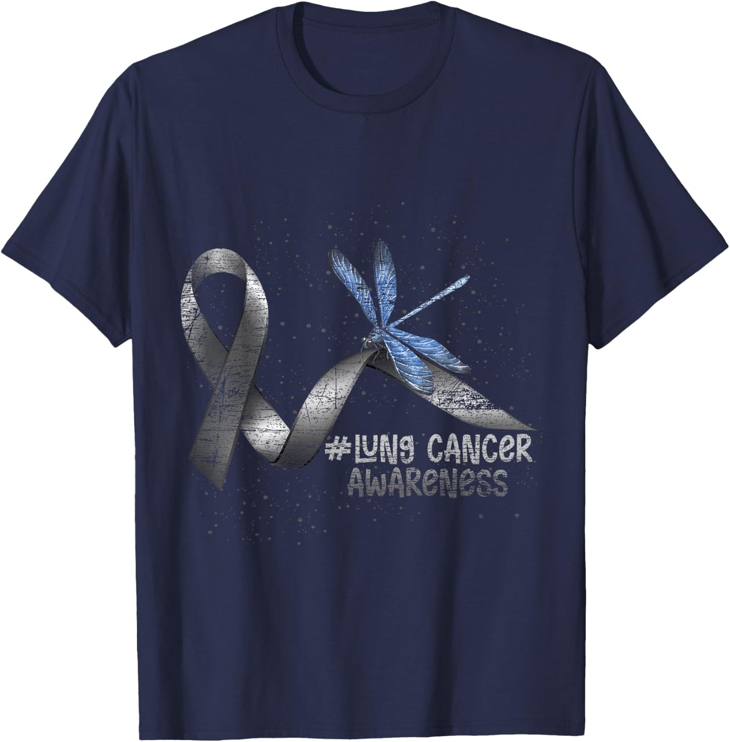 Pretty White Ribbon Support Dragonfly Lung Cancer T-Shirt - T-Shirt | Navy