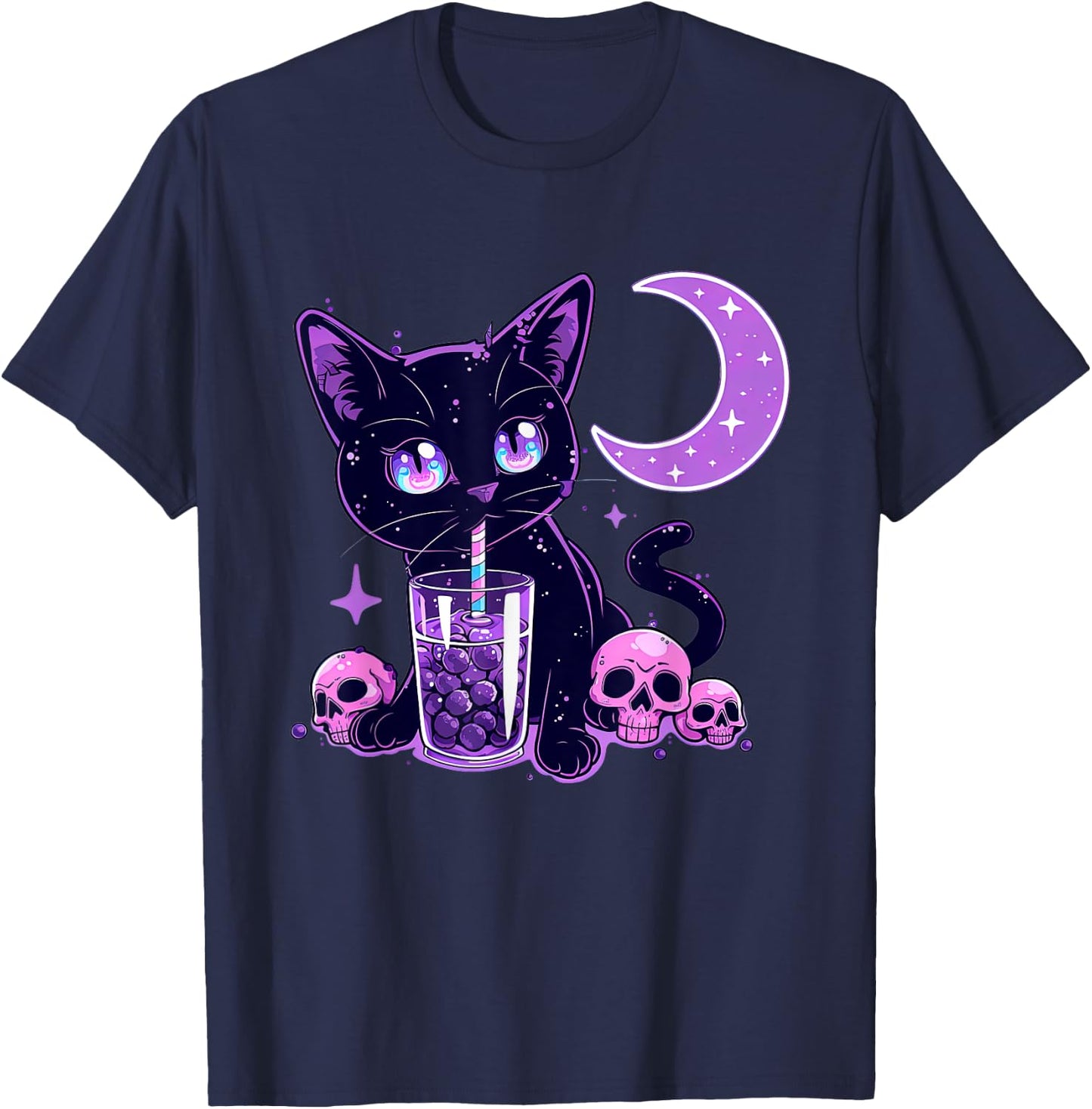 Cute Kawaii Cat Drink Boba Tea Purple Pastel Goth Neko Cat T-Shirt - T-Shirt | Navy