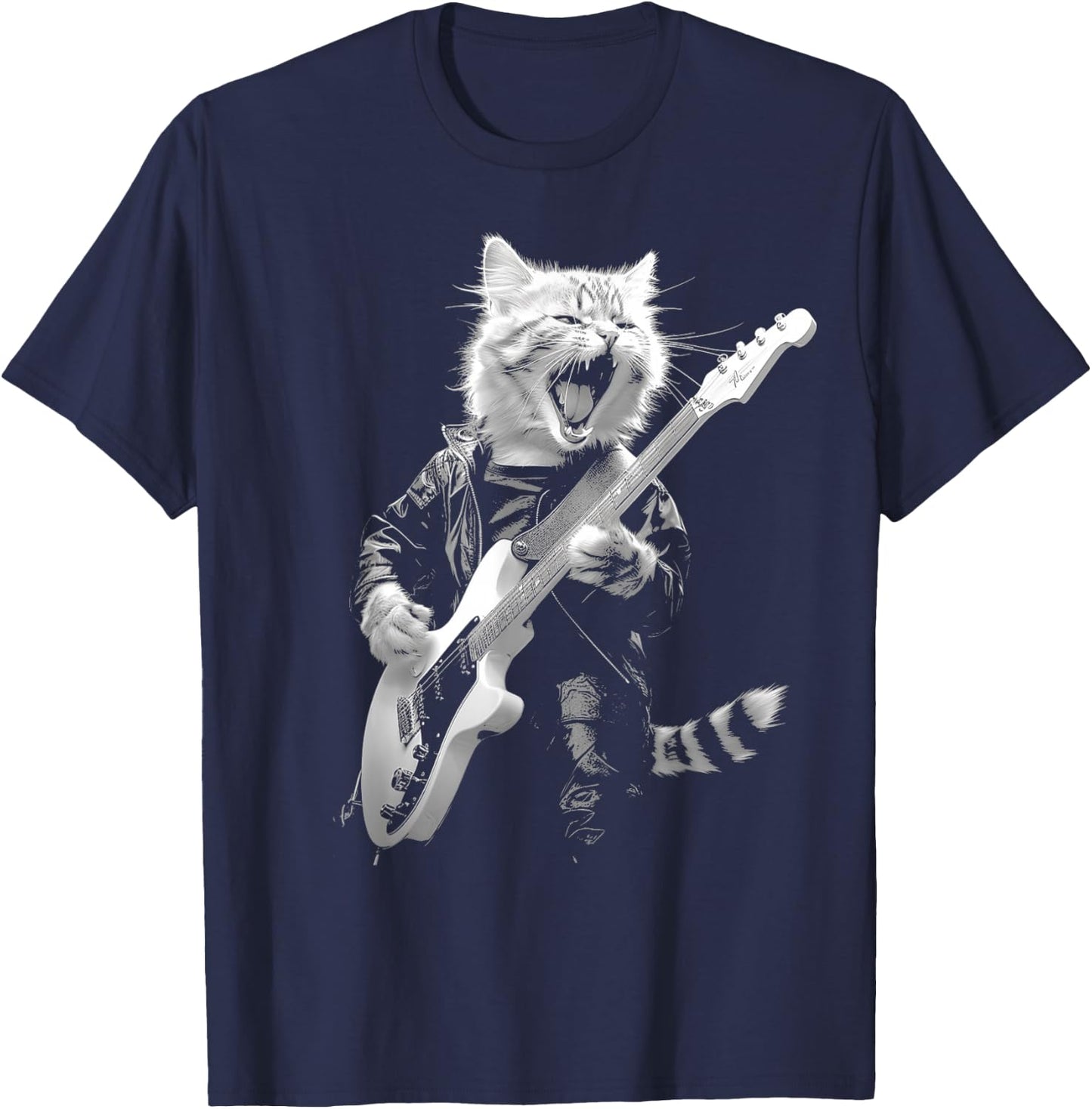 Rock Cat Playing Guitar Funny Guitar Cat Design T-Shirt - T-Shirt | Navy
