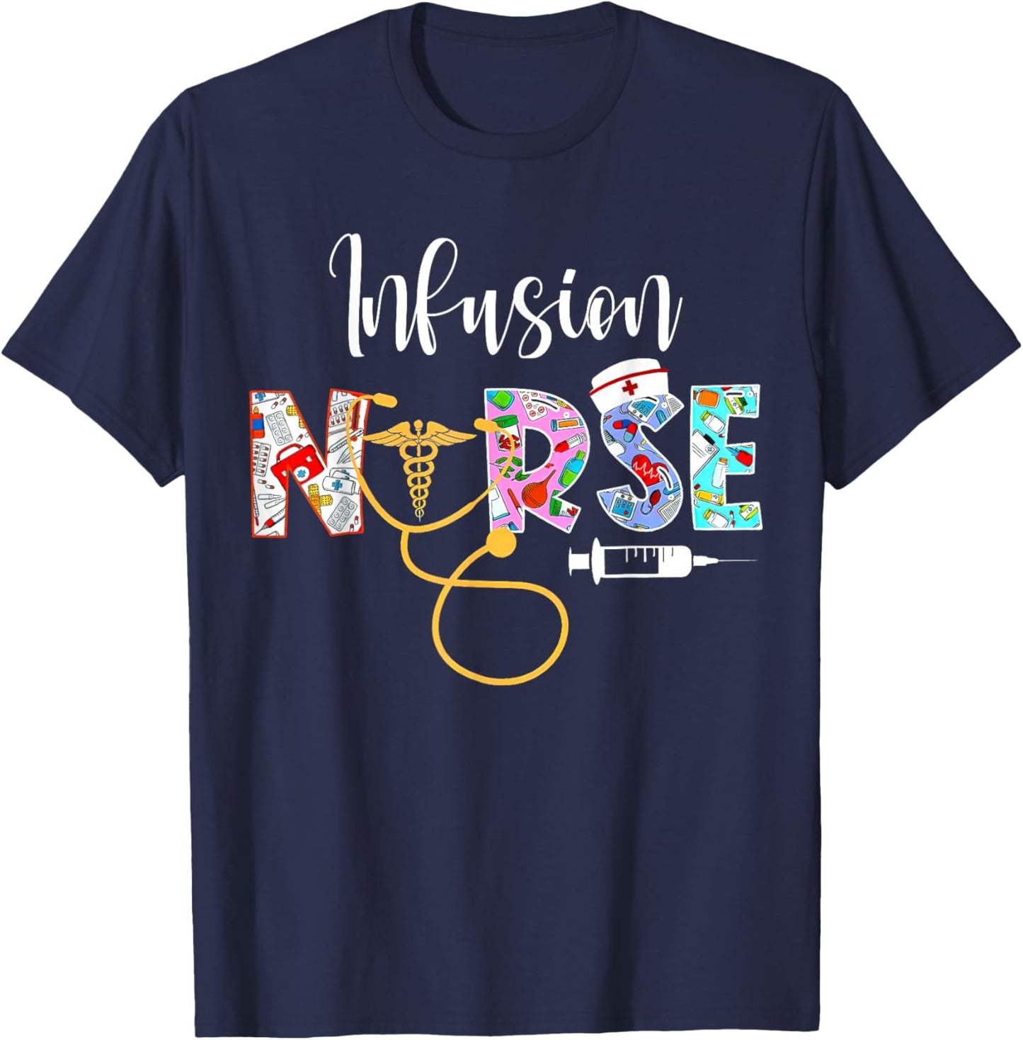 Infusion Nurse Intravenous IV Therapy Oncology Nurse - Black, Adults - Small, Short Sleeve, Modern, Medical Theme T-Shirt - T-Shirt | Navy