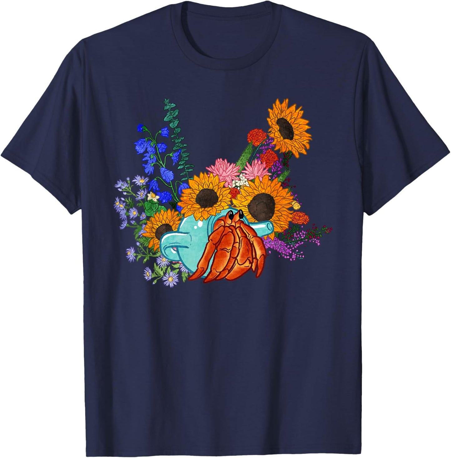 Teapot Hermit Crab and Flowers T-Shirt - T-Shirt | Navy