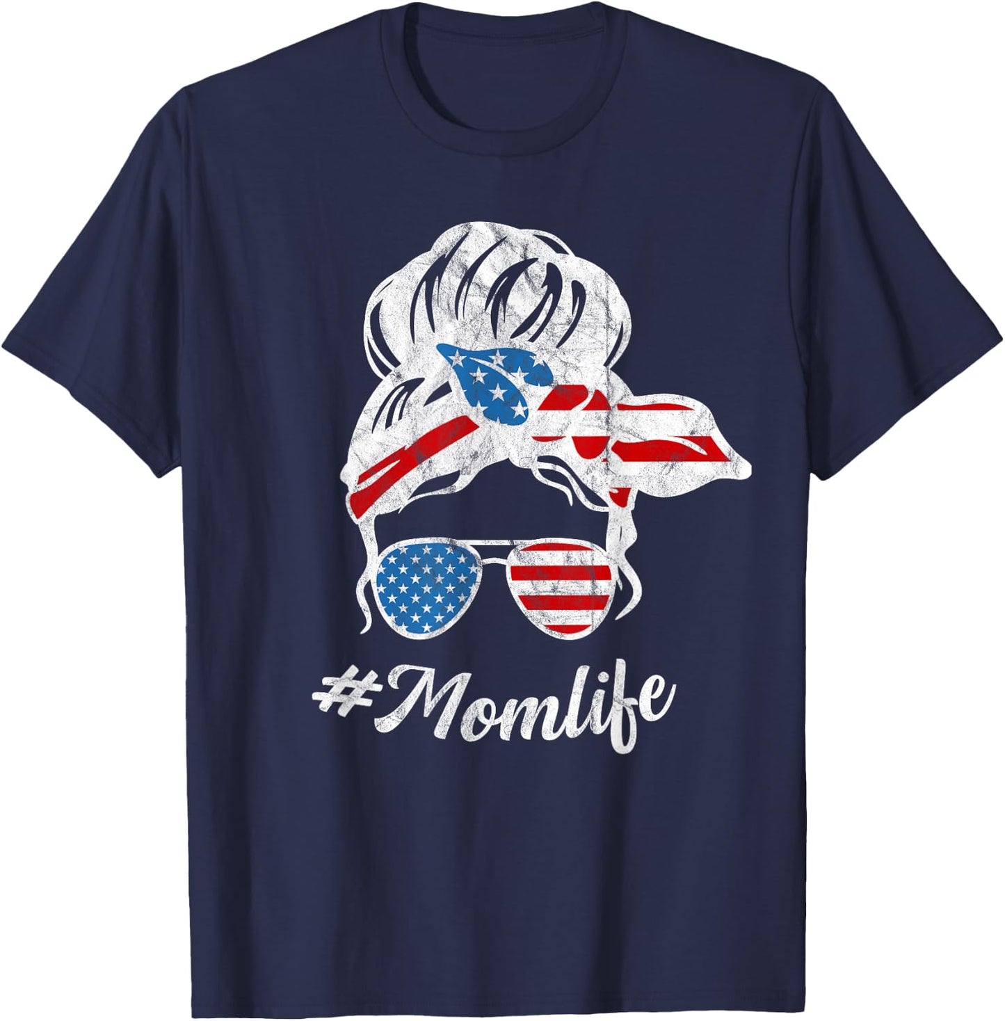 Fourth of July Mom Life Messy Bun Women Cute T-Shirt - T-Shirt | Navy
