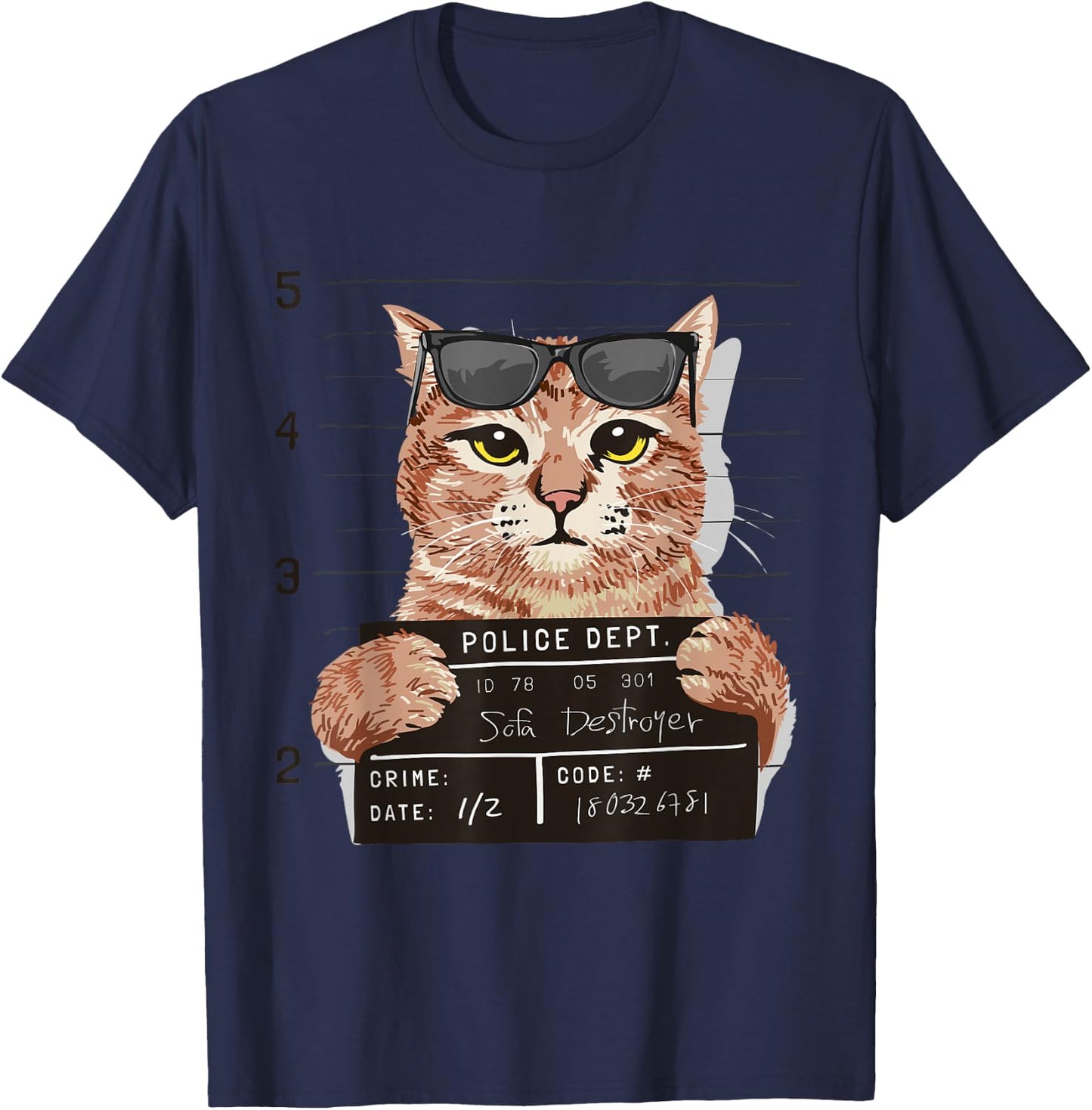 Funny Bad Sofa Destroyer Cat Mug Shot Cat Police Photo Men Women T-Shirt - T-Shirt | Navy