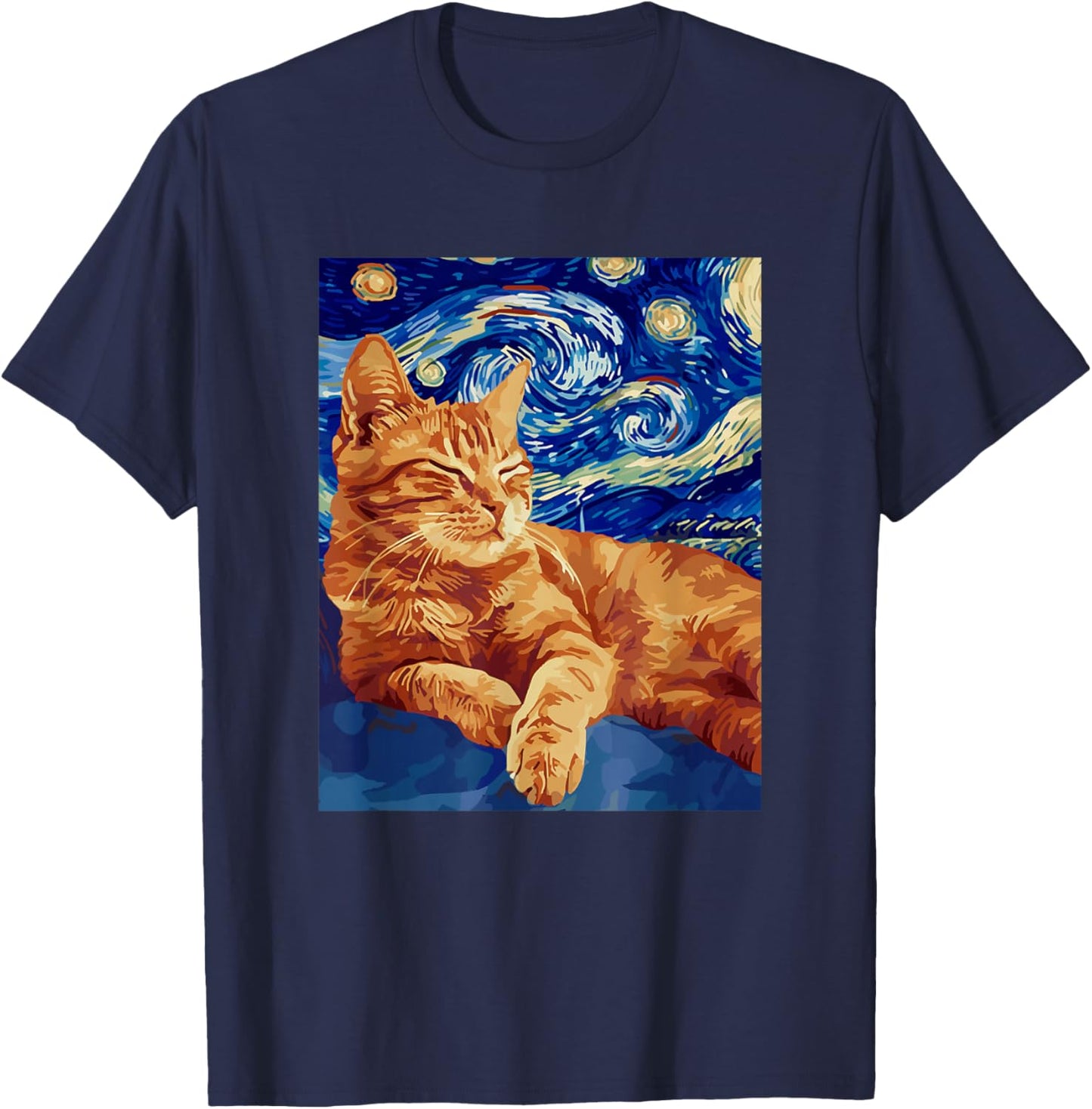 Starry Night Famous Painting Cat T-Shirt - T-Shirt | Navy