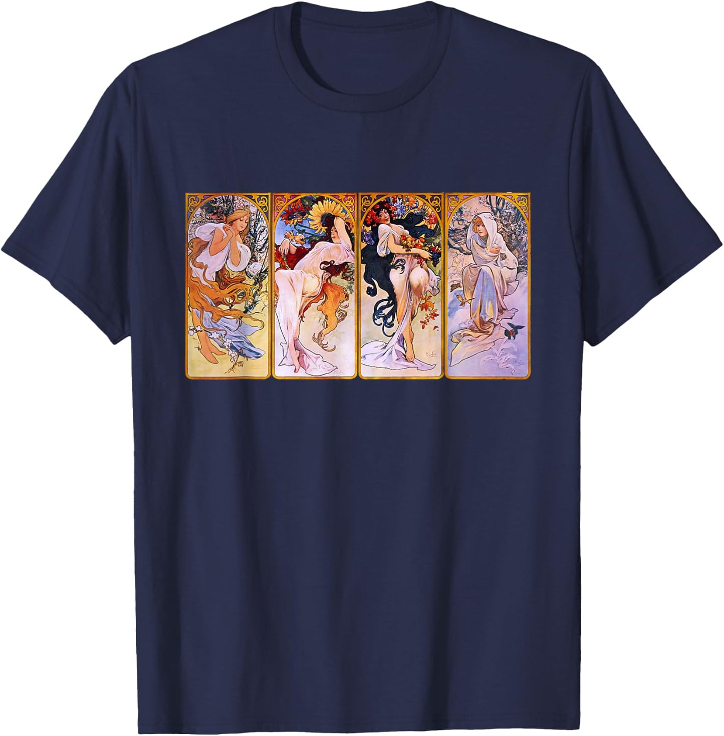 Four Seasons by Mucha Art Nouveau T-Shirt - T-Shirt | Navy