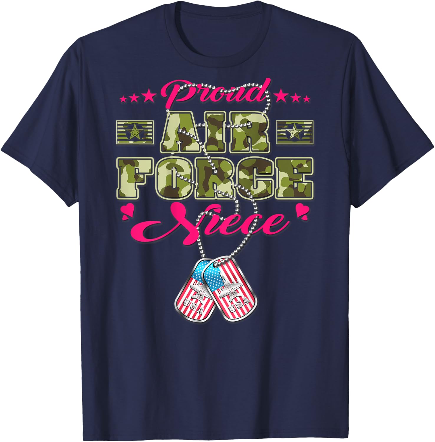 Proud Air Force Niece - Camo US Flag Dog Tag Military Family Men Women Kids T-Shirt - T-Shirt | Navy