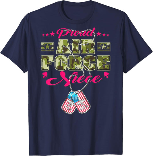 Proud Air Force Niece - Camo US Flag Dog Tag Military Family Men Women Kids T-Shirt - T-Shirt | Navy