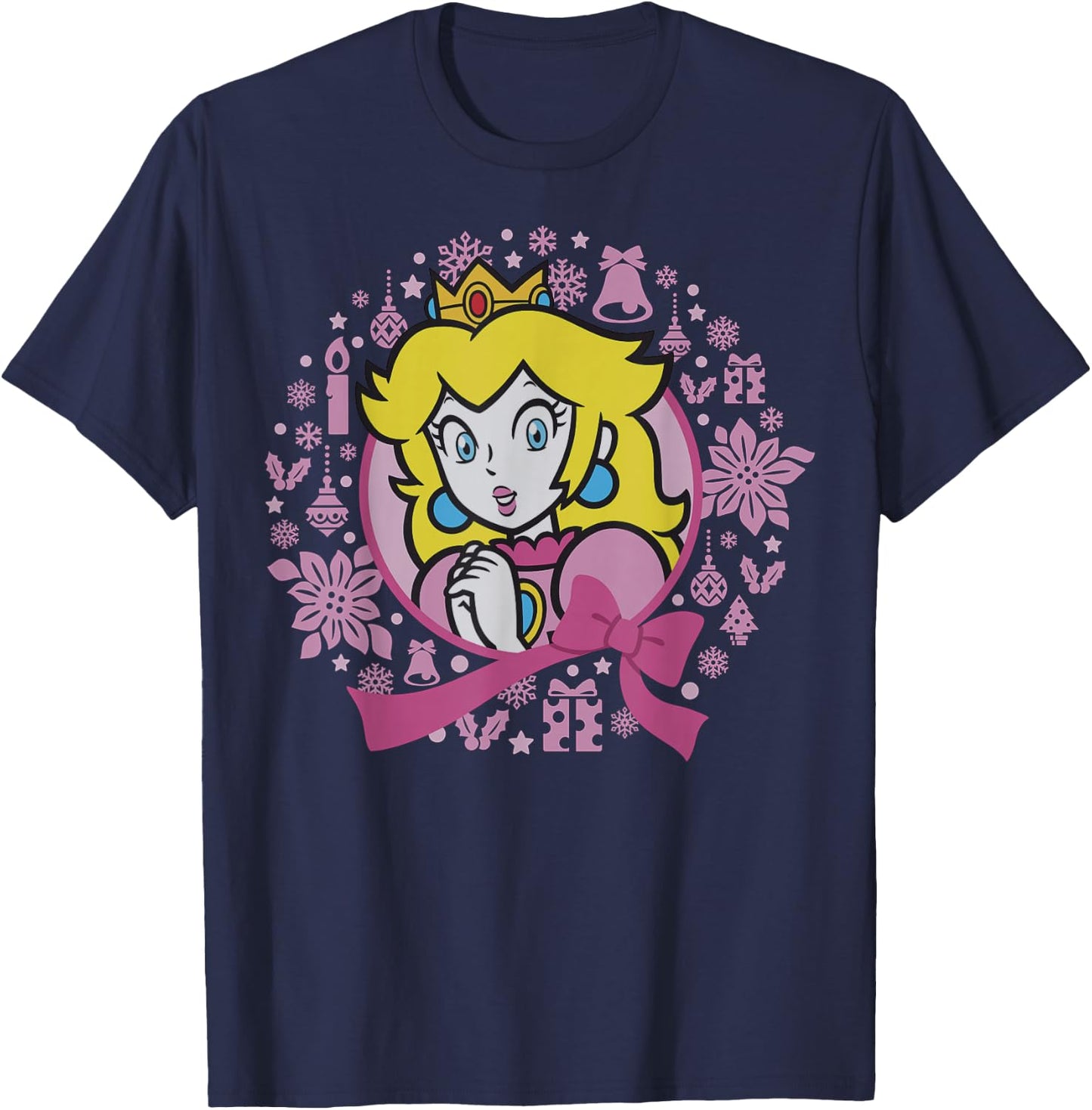 Super Mario Bros Princess Peach Pink Bow Circle Portrait T-Shirt - T-Shirt | Navy