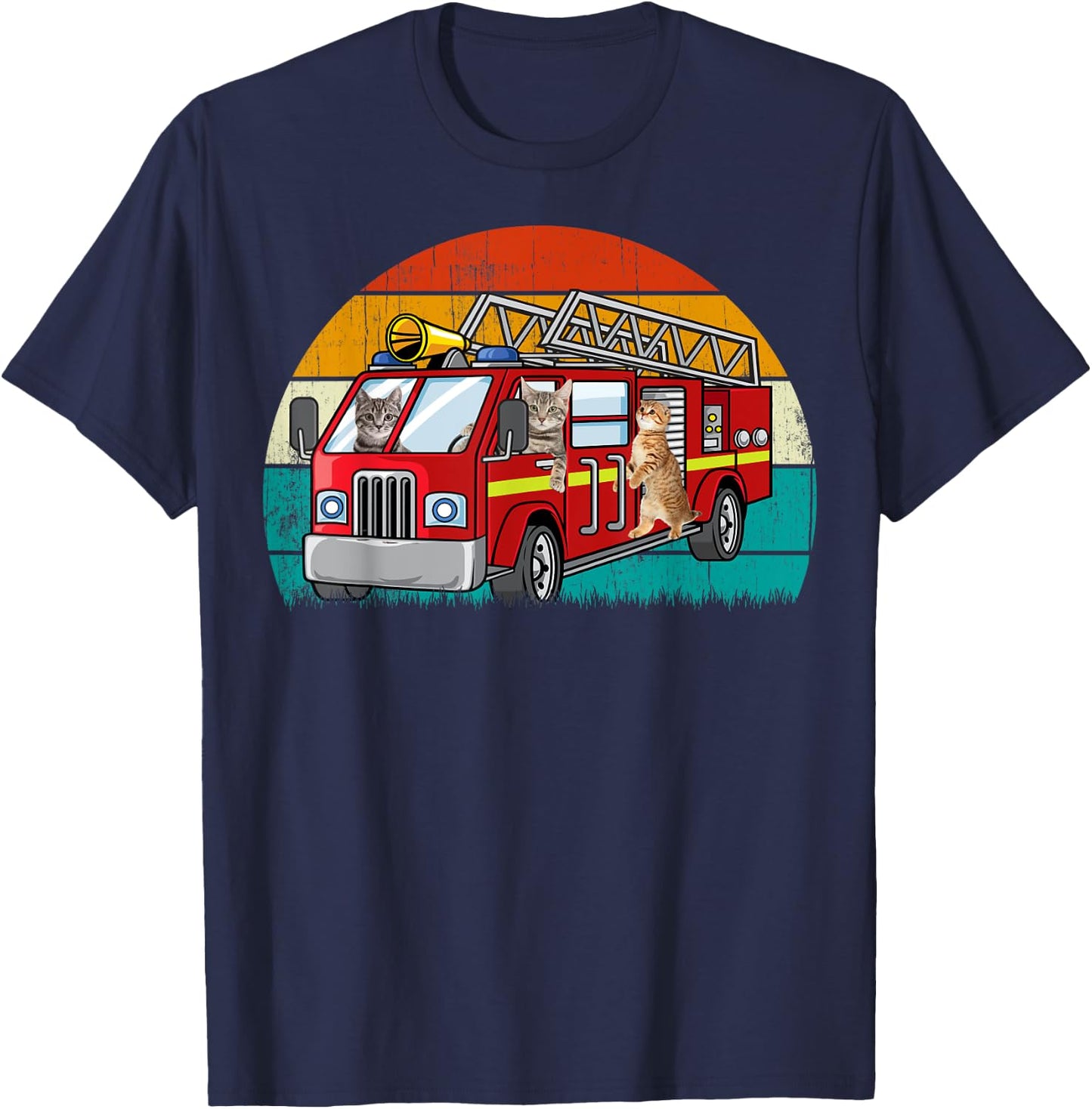 Vintage Retro Style Sunset rescue Engine Cat Firefighter T-Shirt - T-Shirt | Navy