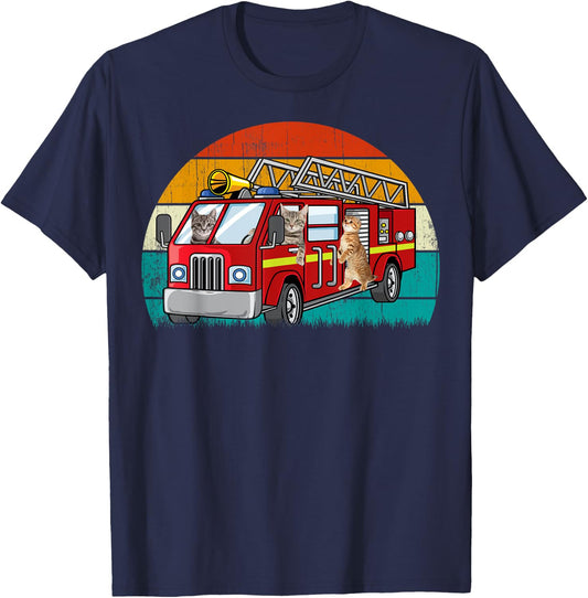 Vintage Retro Style Sunset rescue Engine Cat Firefighter T-Shirt - T-Shirt | Navy