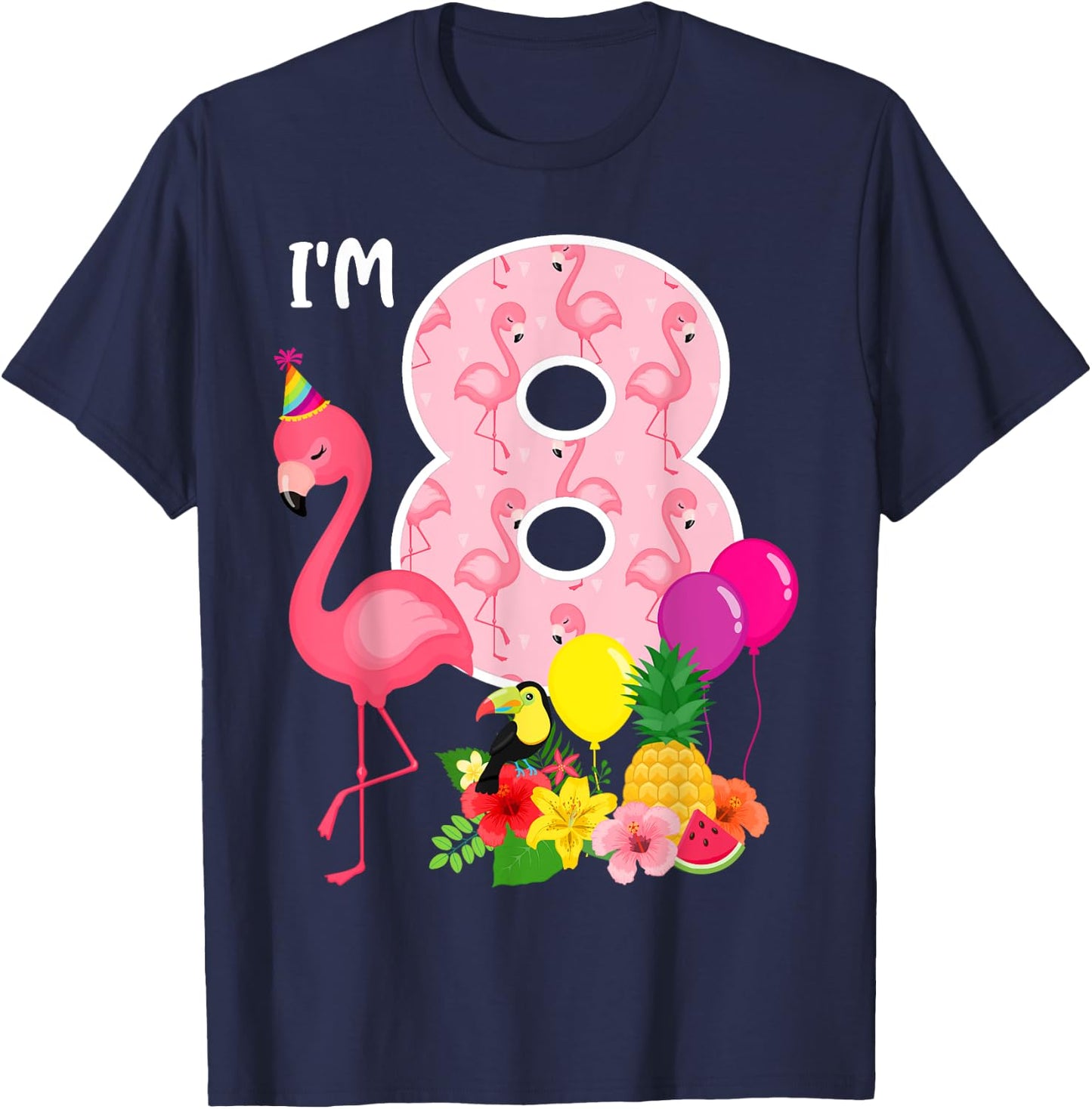 Flamingo Birthday I'm 8 Tropical Flamingo Theme 8th Birthday T-Shirt - T-Shirt | Navy