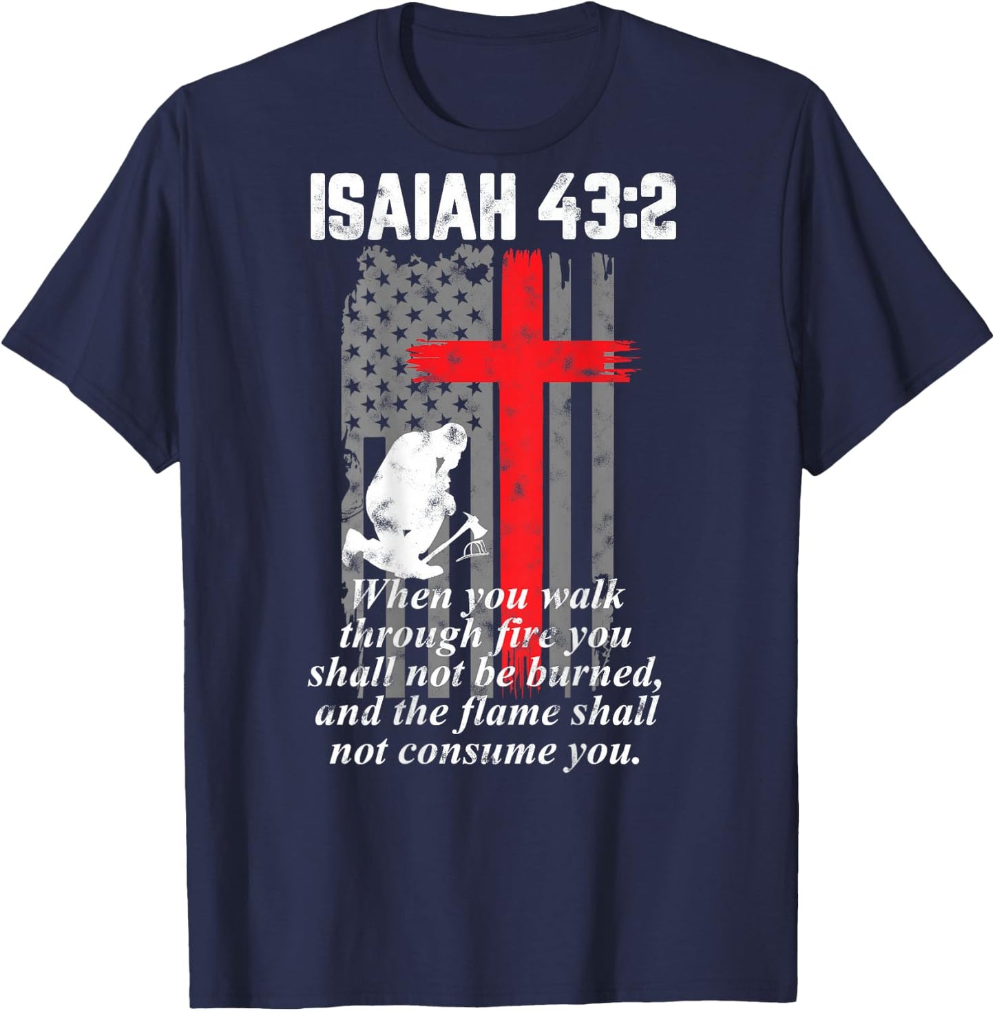 Thin Red Line Firefighter Cross Bible Verse American Flag Small T-Shirt - T-Shirt | Navy