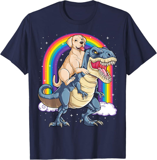 Labrador Riding Dinosaur T-rex Gifts Boys Kids Men Rainbow T-Shirt - T-Shirt | Navy