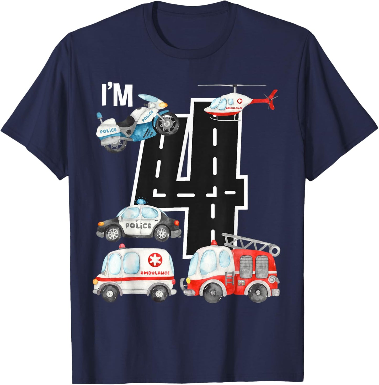 Emergency Vehicles 4th Birthday Fire Truck Police Car Boys T-Shirt - T-Shirt | Navy