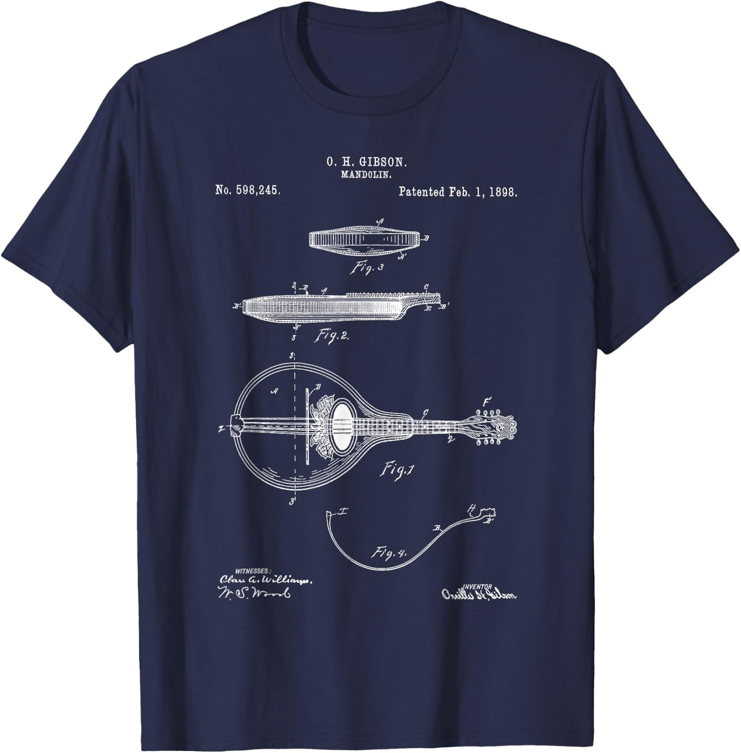 Vintage Patent Mandolin 1898 Music Retro Blueprint Fun Gift T-Shirt - T-Shirt | Navy