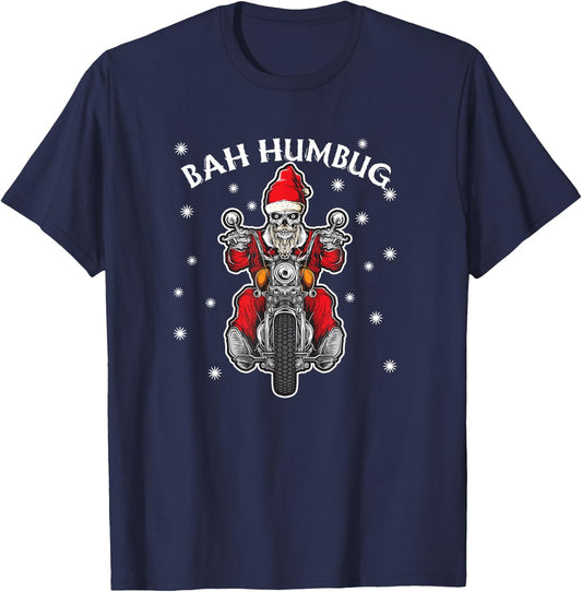Bah Humbug Skeleton Santa Riding A Motorcycle Gift T-Shirt - T-Shirt | Navy