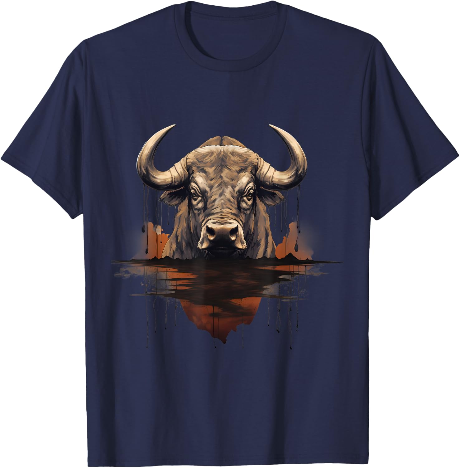 Buffalo Portrait Artwork Animal Art Wildlife Safari Bison T-Shirt - T-Shirt | Navy