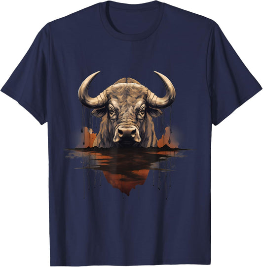 Buffalo Portrait Artwork Animal Art Wildlife Safari Bison T-Shirt - T-Shirt | Navy