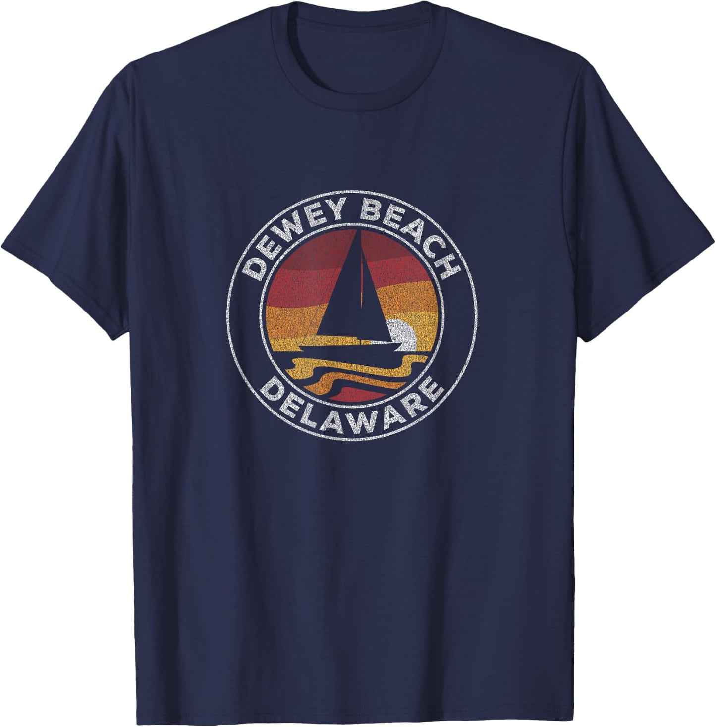 Dewey Beach Delaware Vintage Sailboat 70s Retro Sunset T-Shirt - T-Shirt | Navy