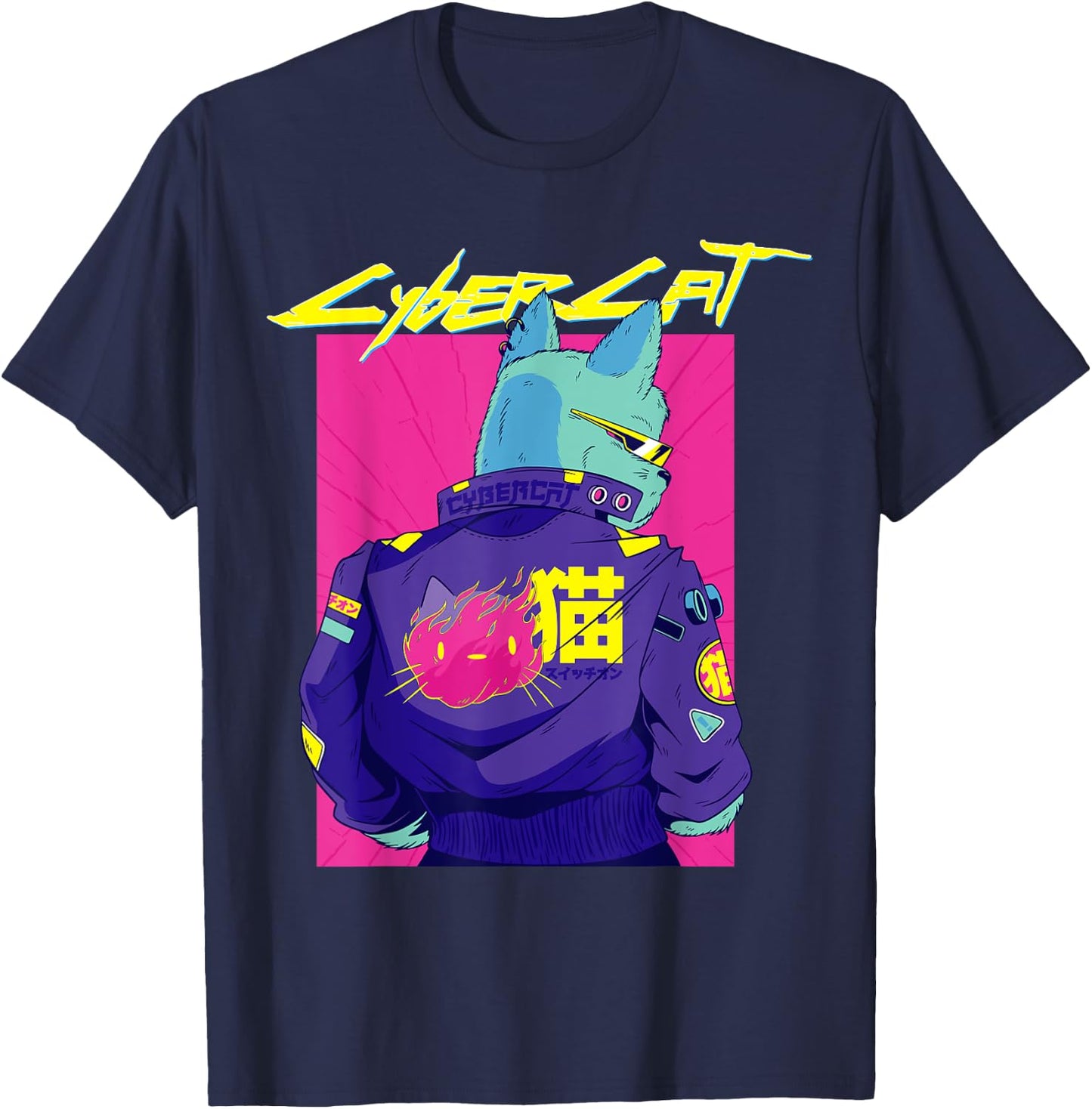 Cyberpunk Pun Cat cybercat Japanese Character cyberpunker T-Shirt - T-Shirt | Navy