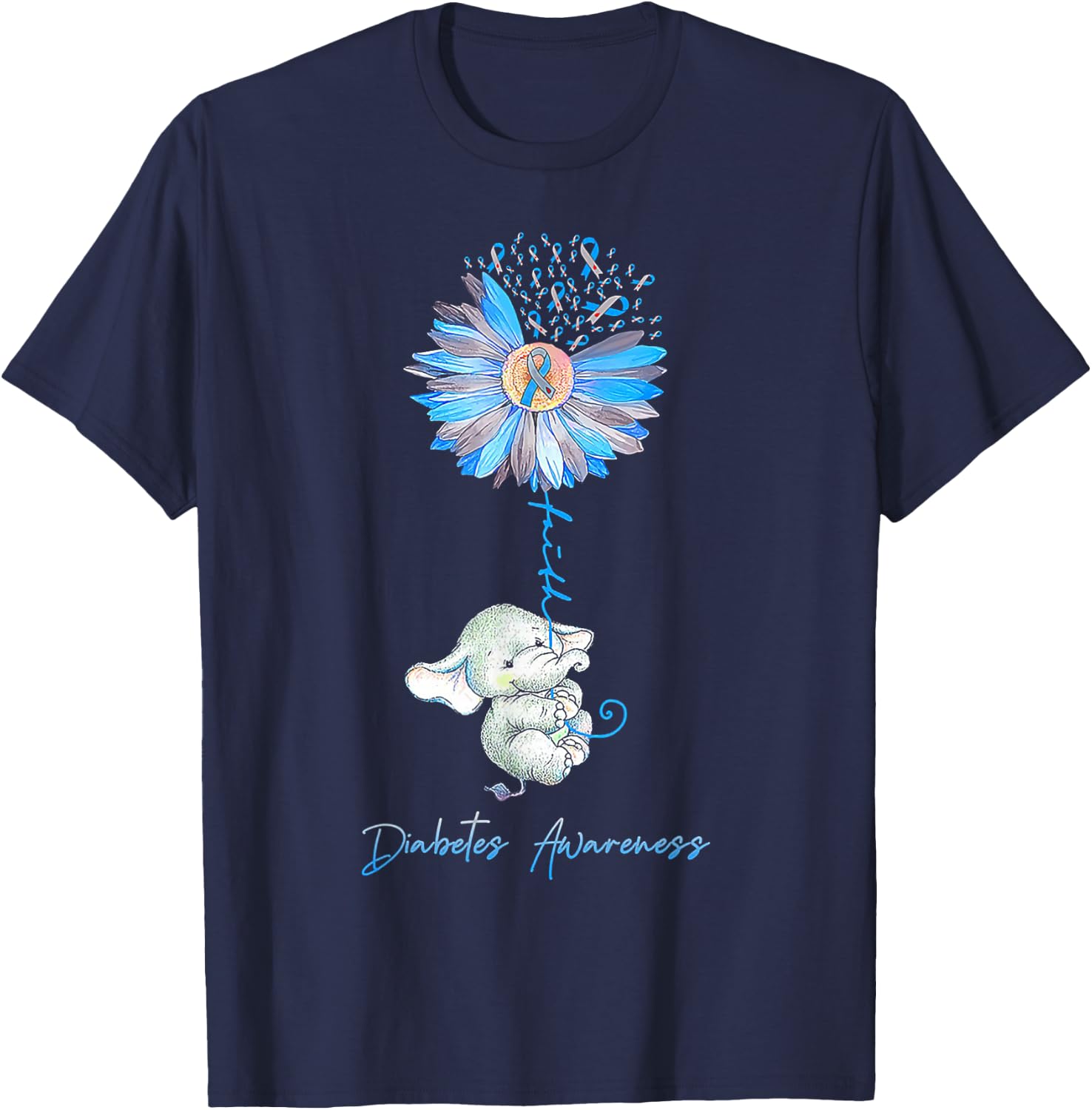 Faith Cute Elephants Sunflower Diabetes Awareness T-Shirt - T-Shirt | Navy