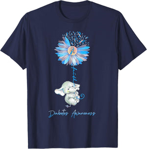 Faith Cute Elephants Sunflower Diabetes Awareness T-Shirt - T-Shirt | Navy
