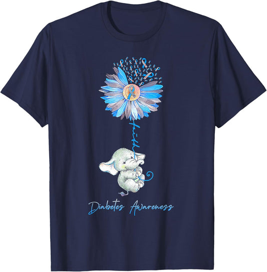 Faith Cute Elephants Sunflower Diabetes Awareness T-Shirt - T-Shirt | Navy