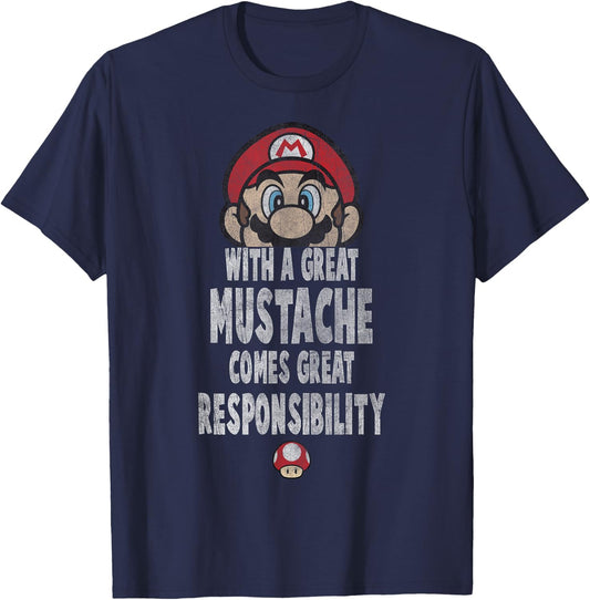 Super Mario With A Great Mustache Comes Great Responsibility T-Shirt - T-Shirt | Navy