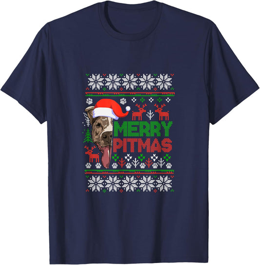 MERRY PITMAS - Christmas Pitbull Ugly Sweater style T-Shirt - T-Shirt | Navy