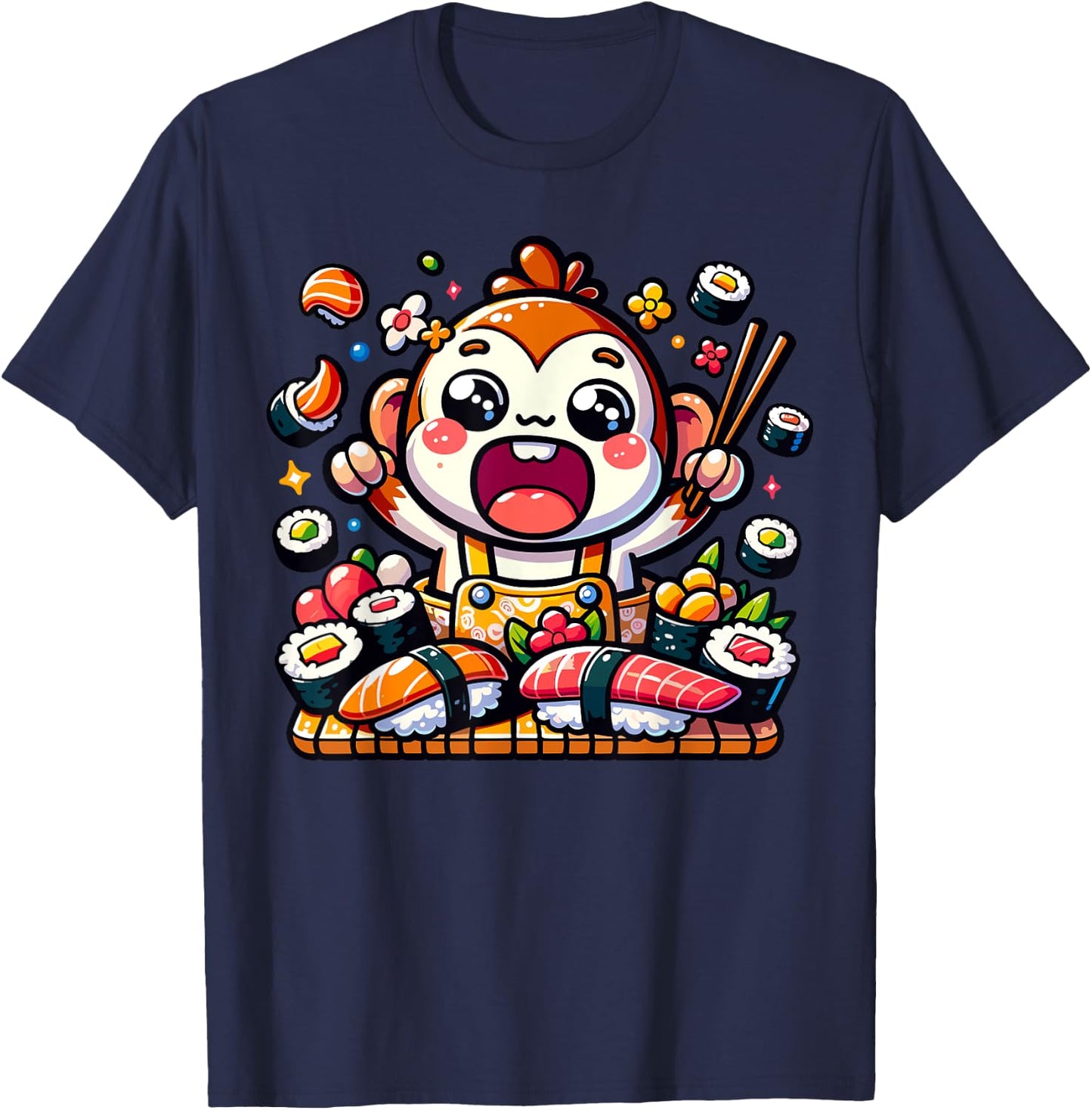 Hungry Kawaii Monkey Eating Sushi Japanese Food T-Shirt - T-Shirt | Navy