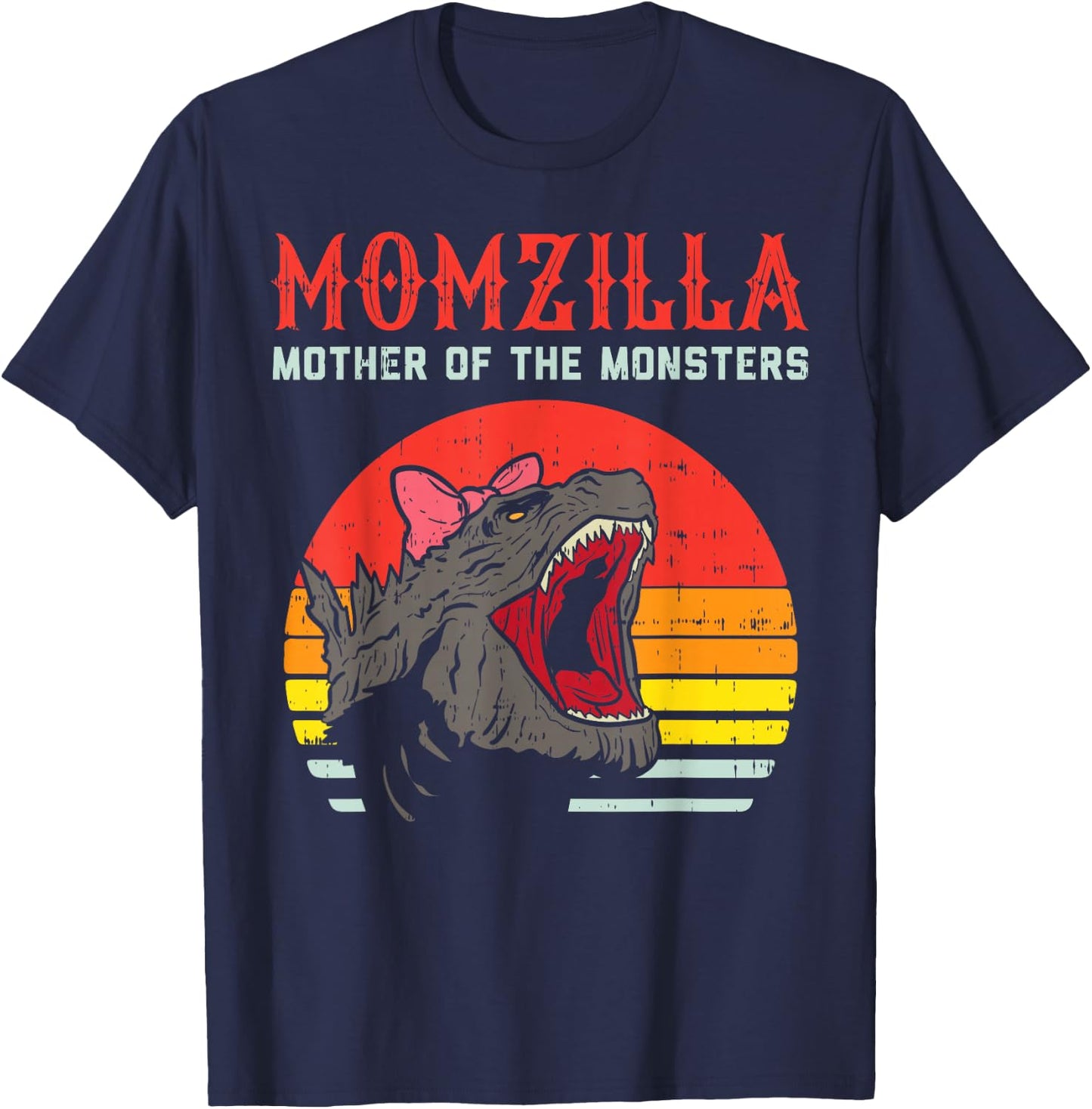 Momzilla Mother Of Monsters Ribbon Retro Mama Step Mom Gift T-Shirt - T-Shirt | Navy