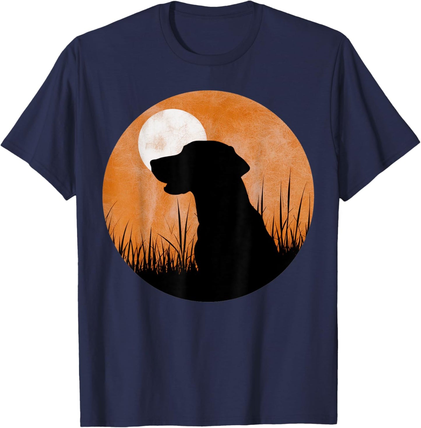 A silhouette of a hunting black or yellow lab on orange sky T-Shirt - T-Shirt | Navy