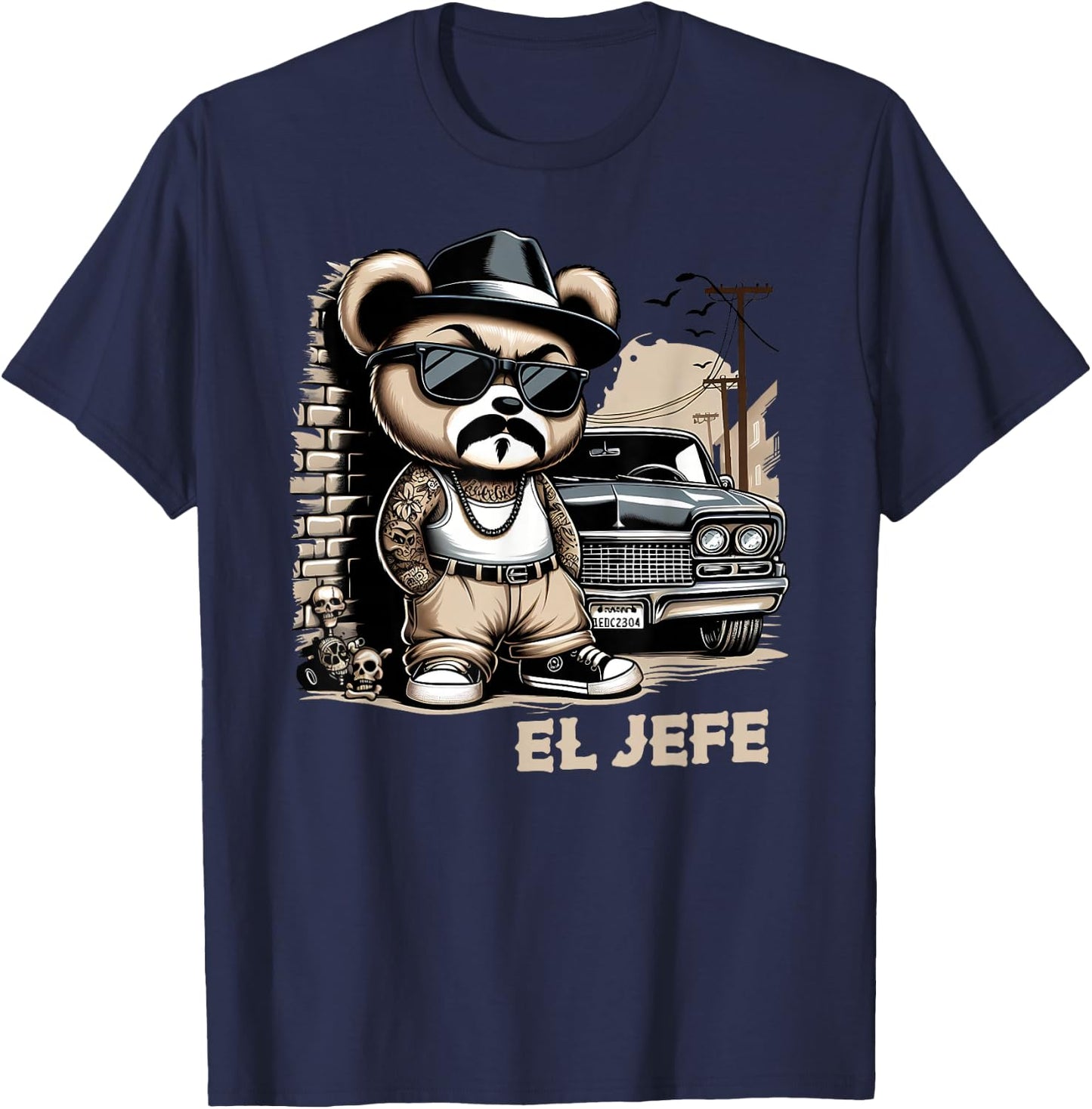 EL JEFE Hip Hop Teddy Bear Lowrider Shirt Chicano Cholo T-Shirt - T-Shirt | Navy