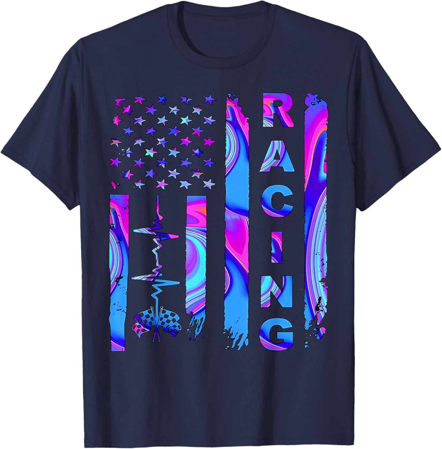 Tie Dye Heartbeat Checkered Flag Racing Patriotic Race Life Men T-Shirt - T-Shirt | Navy