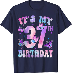 It's My 37th Birthday Butterfly Theme 37 Year Old Party Girl T-Shirt - T-Shirt | Navy