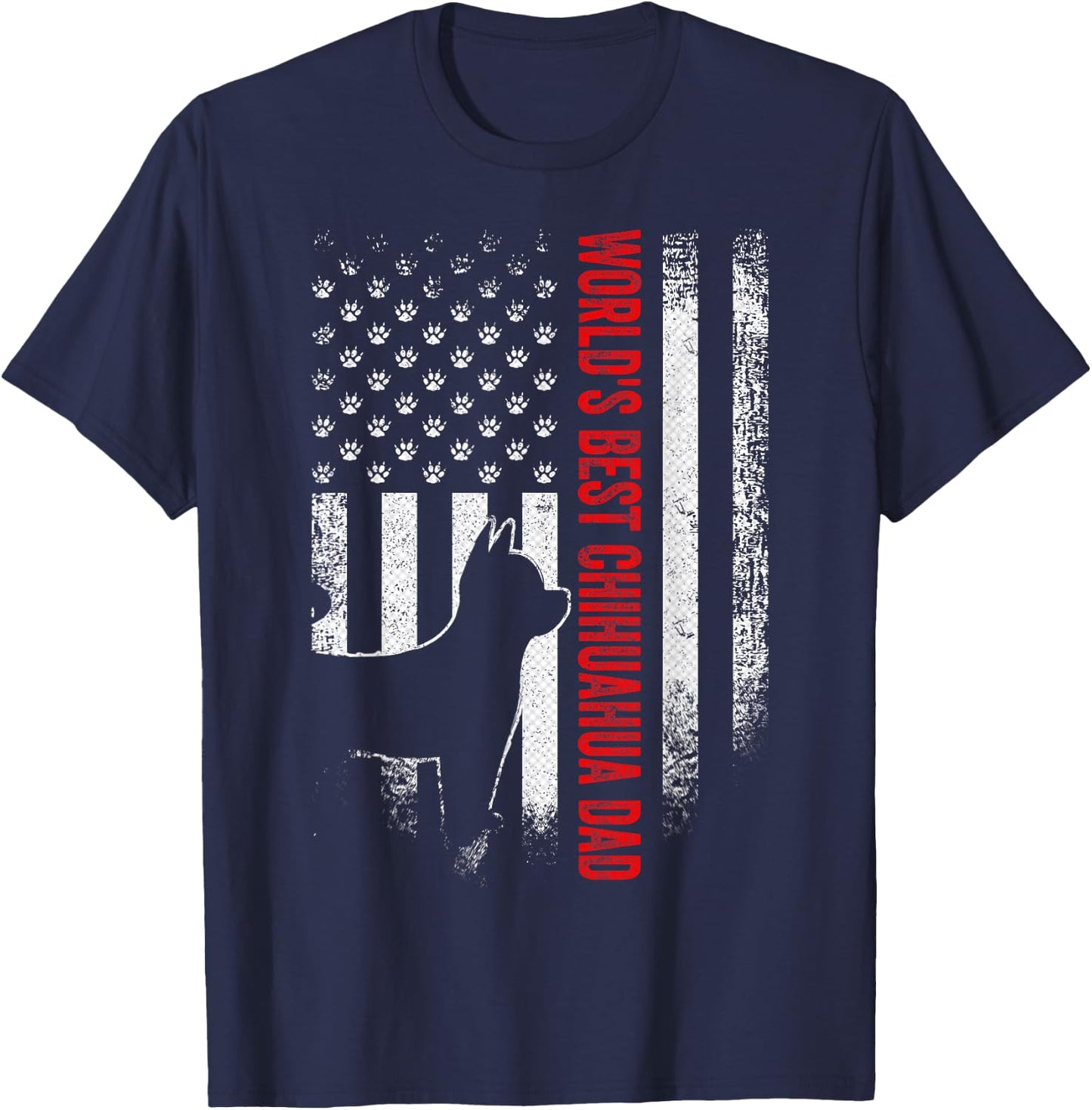 Vintage American Flag World's Best Chihuahua Dad Silhouette T-Shirt - T-Shirt | Navy