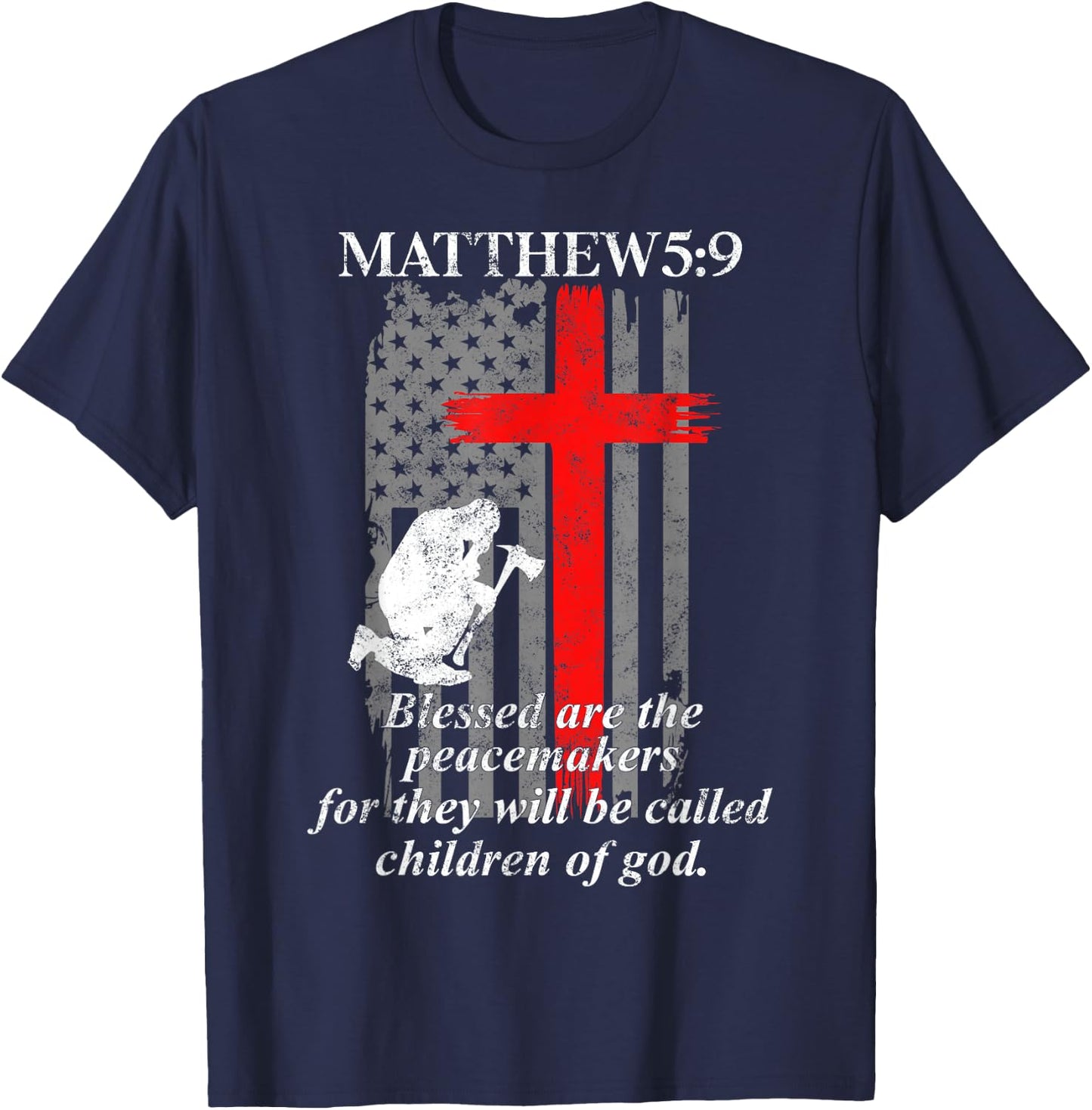 Thin Red Line Fireman Cross Bible Verse Firefighter USA Flag T-Shirt - T-Shirt | Navy