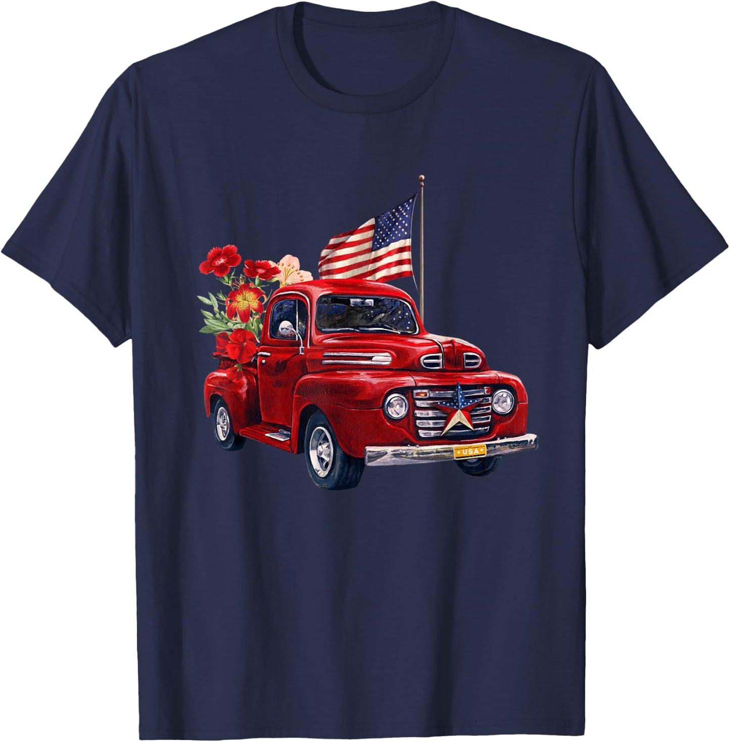 Red Truck With Flowers American Flag Happy 4th Of July Women Men T-Shirt - T-Shirt | Navy