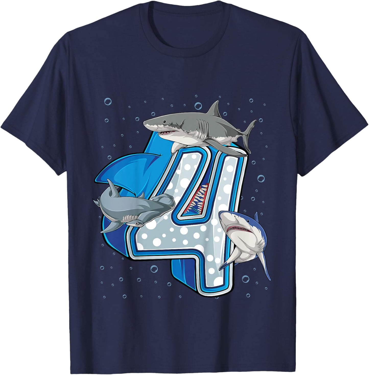 4th Birthday Boys Shark 4 years Old Ocean Shark B-day T-Shirt - T-Shirt | Navy
