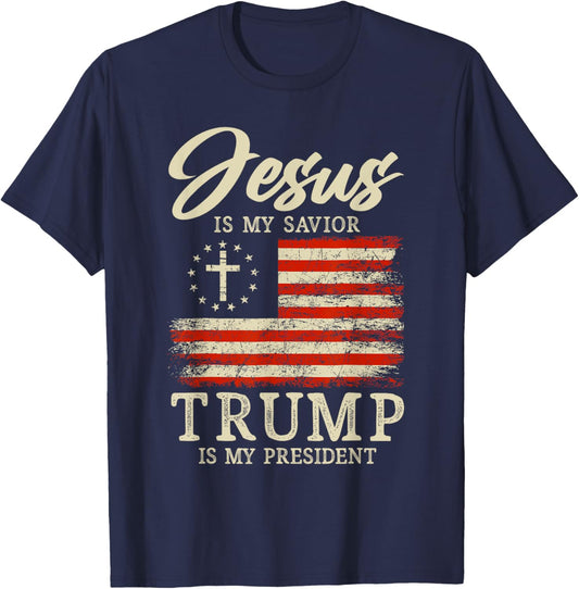 Jesus Is My Savior Trump Is My President 2024 USA Flag Cross T-Shirt - T-Shirt | Navy