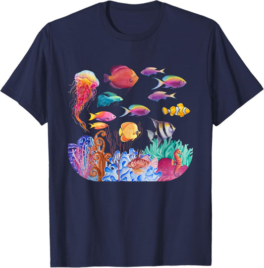 Ocean Scene - Watercolor Sea Life T-Shirt - T-Shirt | Navy