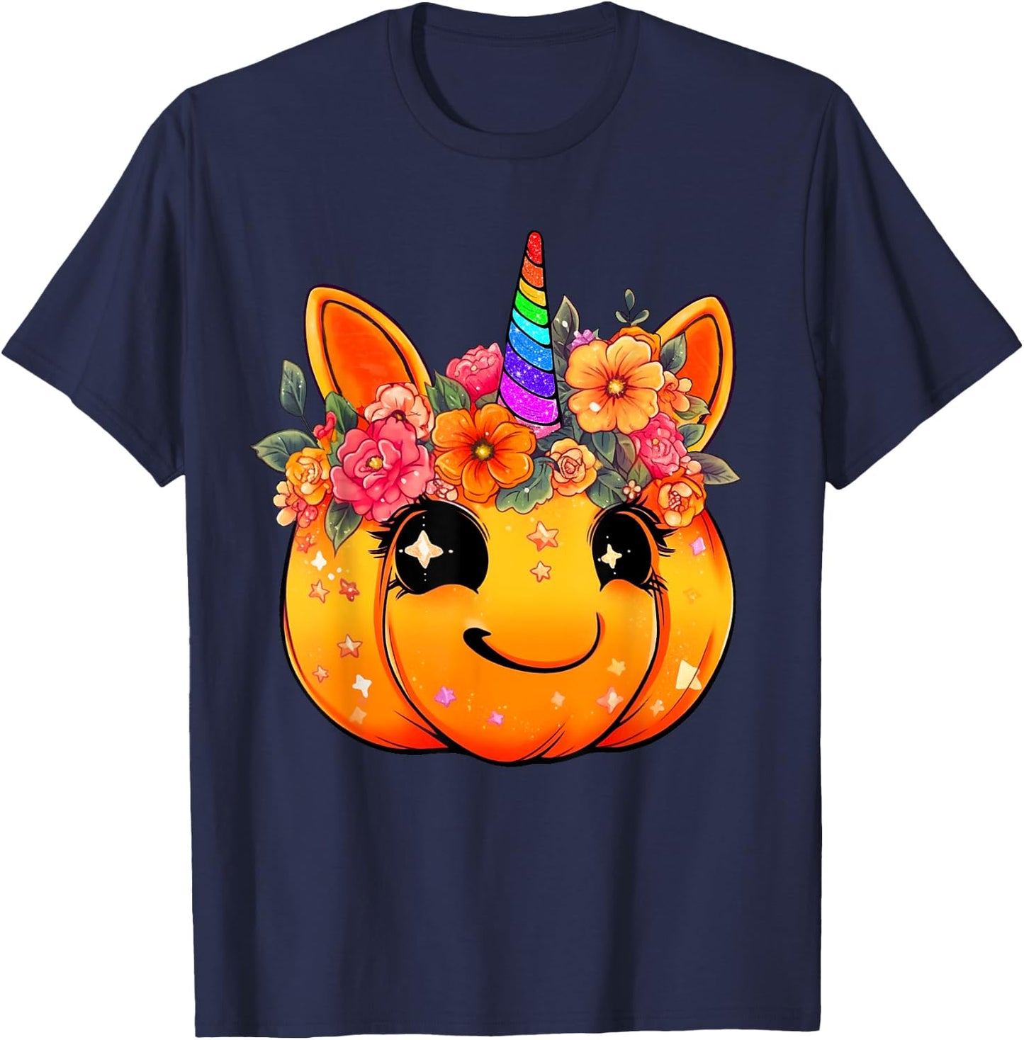 Cute Unicorn Pumpkin Halloween Thanksgiving Fall Autumn Girl T-Shirt - T-Shirt | Navy