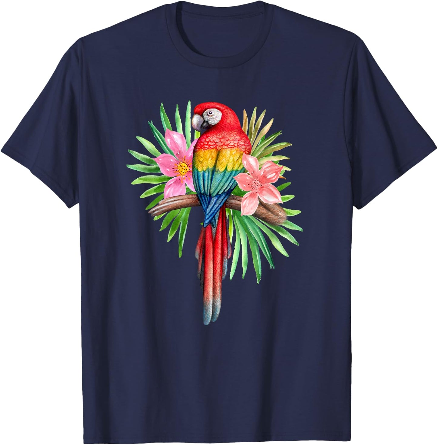 Parrot In Tropical Flowers Summer Beach Tiki Party Luau T-Shirt - T-Shirt | Navy