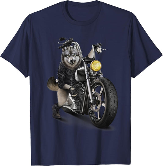Grey Wolf Riding Chopper Motorcycle T-Shirt - T-Shirt | Navy