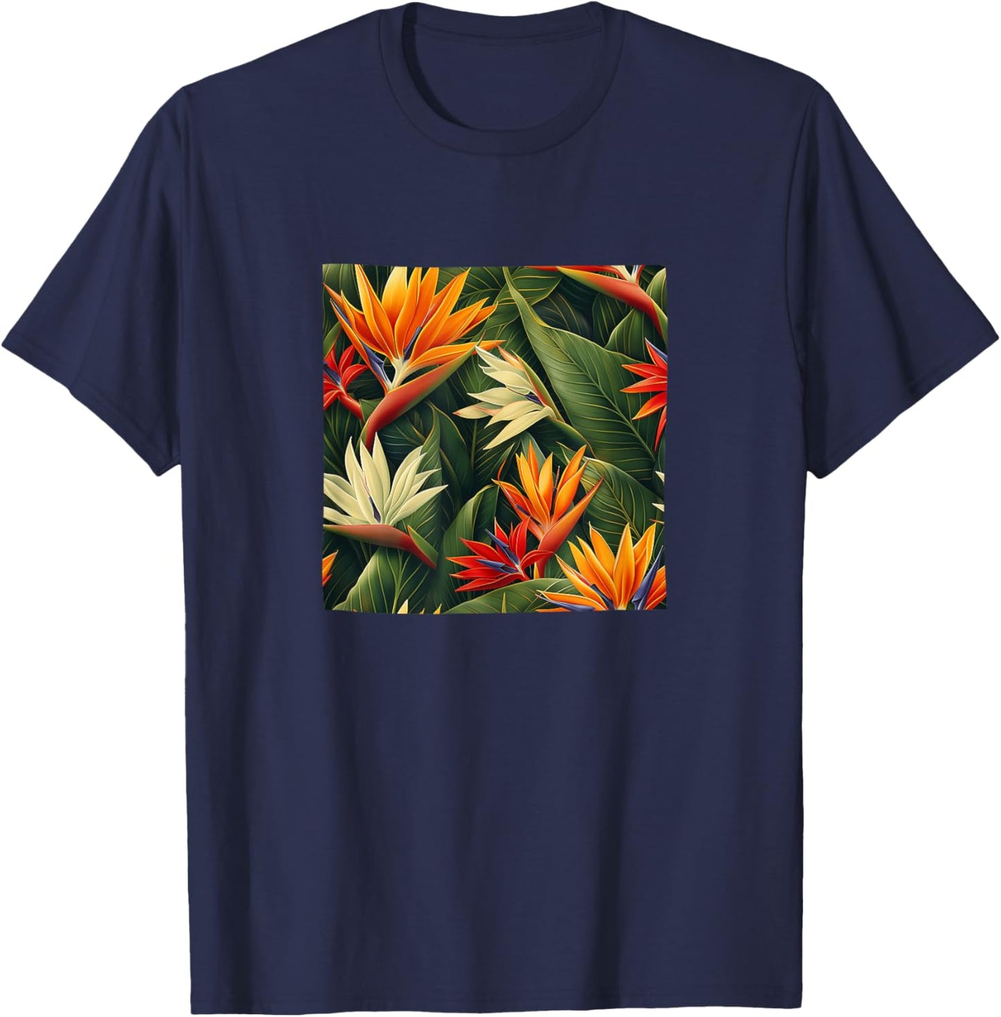 Bird Of Paradiese Flower Pattern Graphic T-Shirt - T-Shirt | Navy